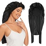 Long Satin Bonnet for Sleeping, Satin Lined Braid Bonnet with Elastic Band, Adjustable Long Strap Bonnets for Women Braids Dreadlock Curly Hair(Black)