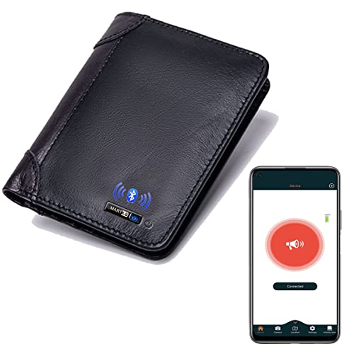 Clever Anti-Lost Wallet with Alarm, Bluetooth, Position Record (via Phone GPS) Tracker Item Finder, Cowhide Leather Locator Vintage Retro Style Trackable Intelligent Minimalist Purse (Black, Vertical)