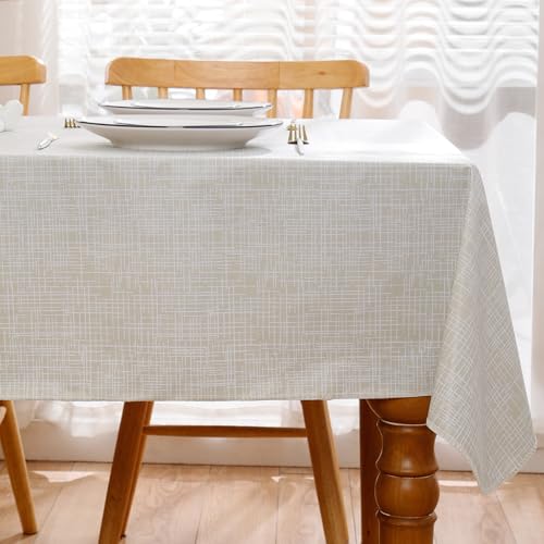 Heavy Duty Vinyl Tablecloth with Flannel Backing Waterproof Oil-Proof Plastic Table Cloth Stain-Resistant Wipeable Rectangle or Square Table Cover for Indoor and Outdoor (Beige Striped,60x102 Inch)