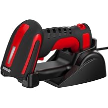Symcode 2D Industrial Barcode Scanner with Stand 433 Wireless 1968 Feet Transmission Distance USB QR Automatic Barcode Reader Handhold Hands-Free Bar Code Scanner with Charging Base Red