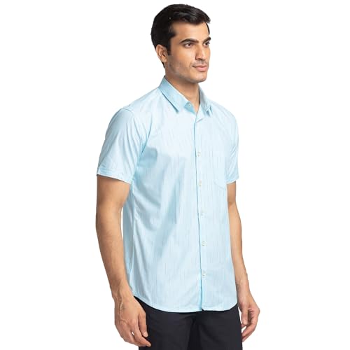 Image of Park Avenue Men's Pure Cotton Chambray Pattern Slim Fit Ainsley Collar Half Sleeve Casual Shirt