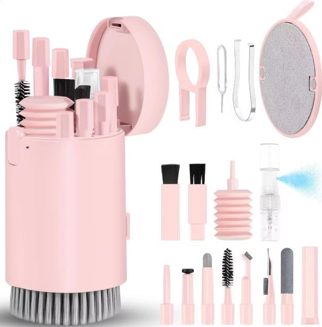 Multi-Tool Cleaning Kit: Versatile Tools Designed for Cleaning laptops, Keyboards, Earbuds, Cameras, and cellphones (Pink)