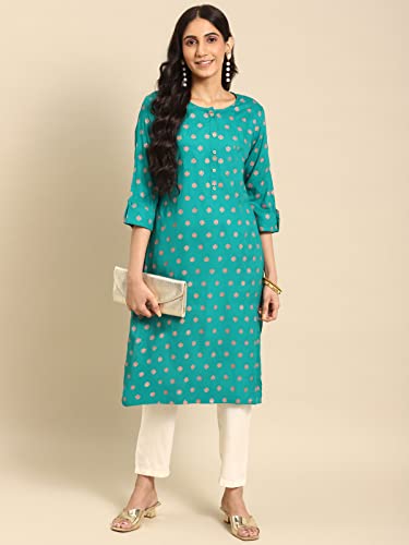 Image of rangita Turquoise Rayon Calf Length Printed A-line Kurti for Women | Kurta for Women