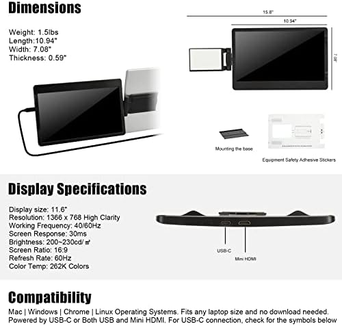 Naievear Portable Monitor,11.6 Inch Rotating Laptop Display Secondary Screen External Monitor for Laptop Phones and Gaming (11.6inch)