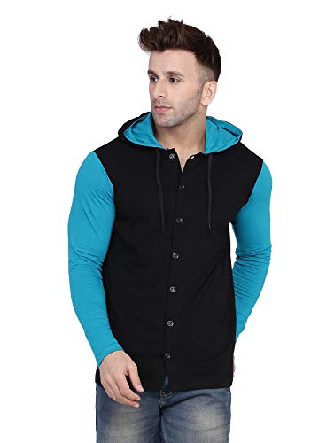 Image of Geum Men's Full Sleeve Hooded T-Shirt with Button-Down Front | Casual Slim Fit Cotton Shirt-Style Tee