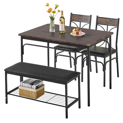 VECELO Kitchen Dining Table Set with Upholstered Bench & 2
