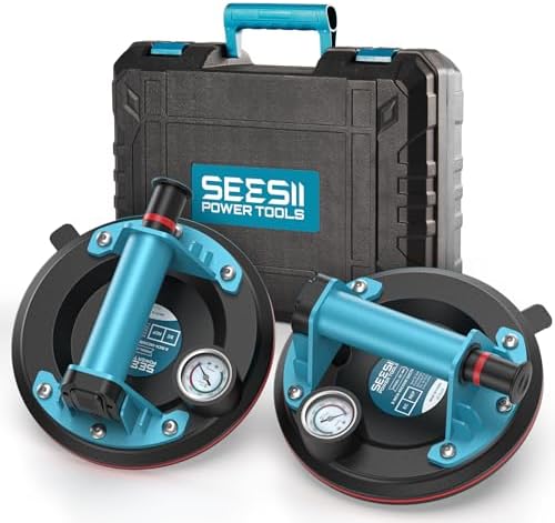 SEESII Suction Cups for Glass Lifting: 8" Tile Suction Cup Lifter with Pressure Gauge, 250KG Max Load, Heavy Duty Vacuum Lifter for Lifting Large Tile, Granite, Metal, Windows (2-Pack)