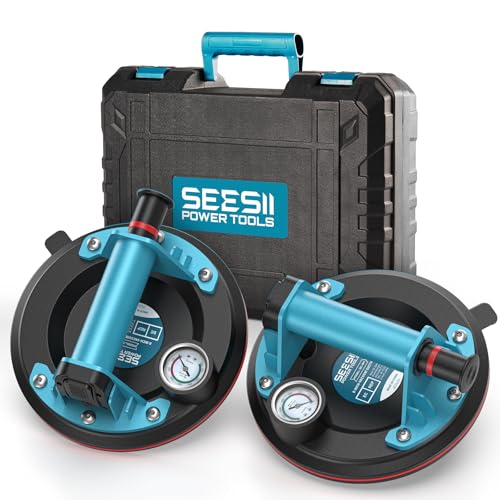 SEESII Suction Cups for Glass Lifting: 8' Tile Suction Cup Lifter with Pressure Gauge, 250KG Max Load, Heavy Duty Vacuum Lifter for Lifting Large Tile, Granite, Metal, Windows (2-Pack)