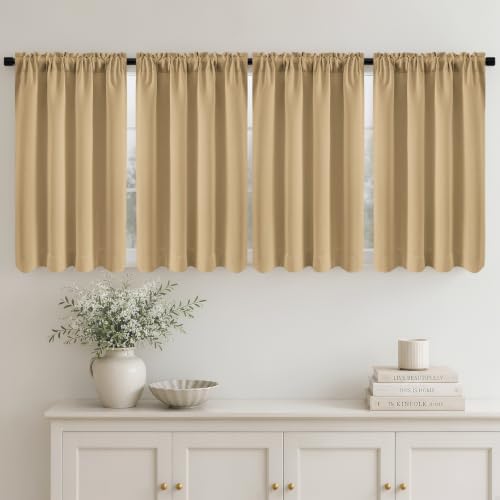 Image of MIULEE 4 Panel Set Short Bedroom Blackout Curtains 54 Inch Long Dark Beige | Thermal Curtains for Summer Heat, Light Blocking Privacy Window Drapes, Top&Bottom Rod Pocket
