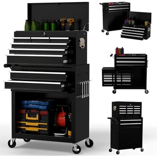 On Shine 8 Drawer Rolling Tool Chest, Large Capacity Rolling Tool Box with Wheels, Locking Mechanical Tool Chest, Portable Tool Box with Sliding Drawers for Garage Workshop and Tool Room (Black)