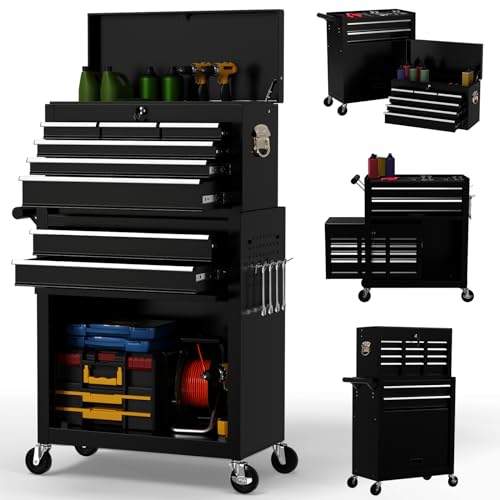 On Shine 8 Drawer Rolling Tool Chest, Large Capacity Rolling Tool Box with Wheels, Locking Mechanical Tool Chest, Portable Tool Box with Sliding Drawers for Garage Workshop and Tool Room (Black)