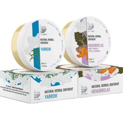 BenePura Hämorrhoiden Salben für Hämorrhoiden und Analfissuren - Lindert Brennen, Juckreiz und Beschwerden - 100% Natürliche Weiße Schafgarbe Kräutersalben - Set mit 2 x 40 ml Cover