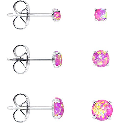Body Candy Stainless Steel Pink Synthetic Opal Post Stud Earring Pack of 3 - Thumbnail 2