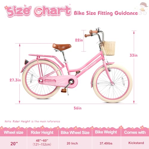 kaiwrxin 20 Inch Girls Bike, Single Speed Kids\' Bicycles with Basket and Kickstand, Kids Beach Cruiser Bike for Girls, Adjustable Seat, Multiple Colors (Pink) - Thumbnail 2