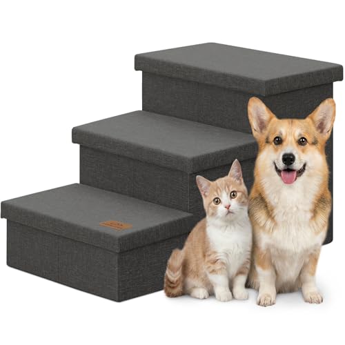 Image of Zerbuger Dog Stairs with Storage 18 inch H, 3-Step Wider Dog Steps for Small /Medium /Large Old Dogs Cats, Folding Sturdy Pet Stairs Climbing Bed Couch, Ramp for Car Hold Up to 200 lbs (Dark Grey, No Condo)