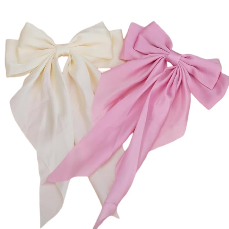 Image of Big Satin Layered Hair Bows for Women Girls 11.5 Inch Barrette Hair Clip Long Back Ribbon Bows French Style Hair Accessories (Cream,BabyPink)