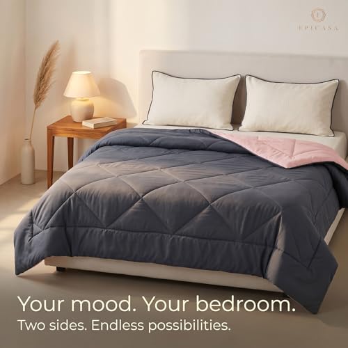 Image of Epicasa Reversible Comforter | 200 GSM Thermal Bonded Fill | 110 GSM Micro Peach Fabric | All Season AC Quilt | Diamond Quilted | Lightweight Duvet Blanket for Home Bedroom | Dark Grey & Blush Pink