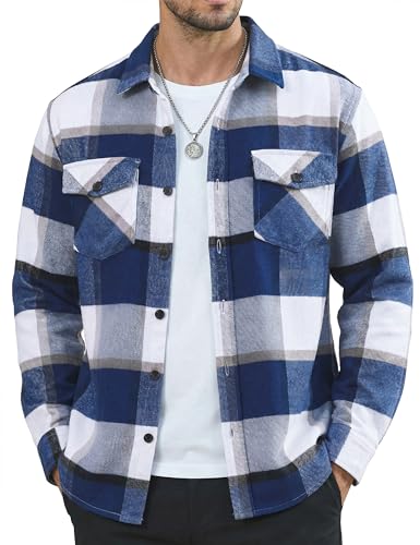 MAGNIVIT Flannel Shirt for Men Brushed Cotton Plaid Shirt Jacket Spring Fall Casual Long Sleeve Button Down Shacket 2 Pockets Blue 2XL