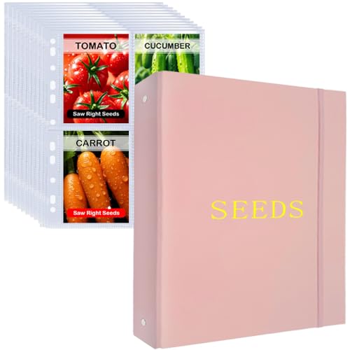 Wenscis Seed Storage Organizer Binder 3 Ring Seed Packet Organizer with 100 Pockets(25 Pack Clear Sheet Protectors) Garden Seed Holder Book for Envelopes Seed Saving Keeper Pink