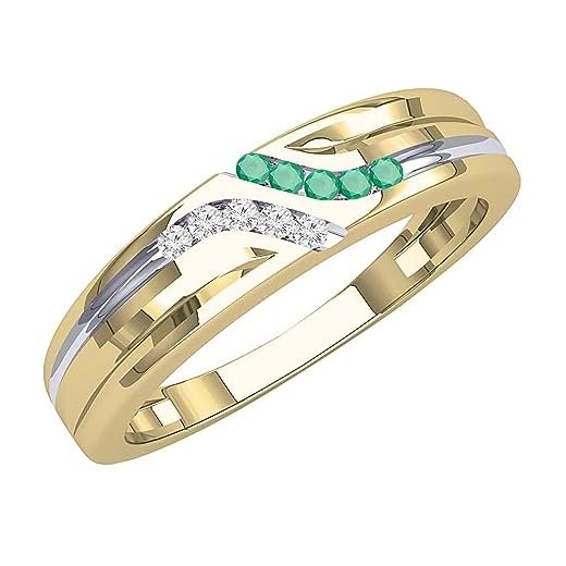 Dazzlingrock Collection 14K Round Cut Emerald & White Diamond Mens Channel Set Fashion Wedding Band, Yellow Gold, Size 10.5