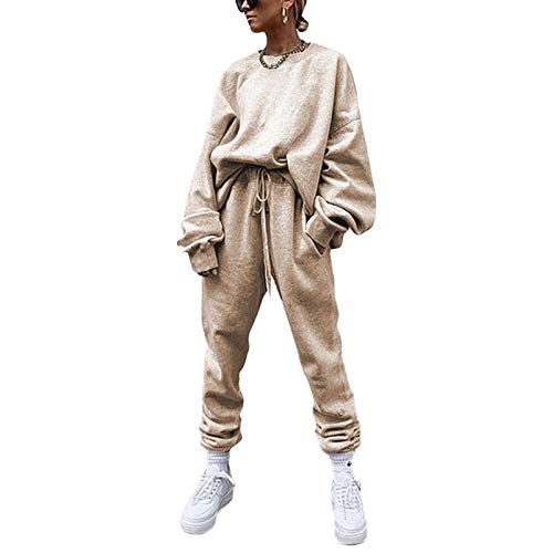 Women Two Piece Casual Outfits Long Sleeve Crewneck Pullover Top and Jogging Pants Set Tracksuit Sports Sweatsuit (Khaki, M)
