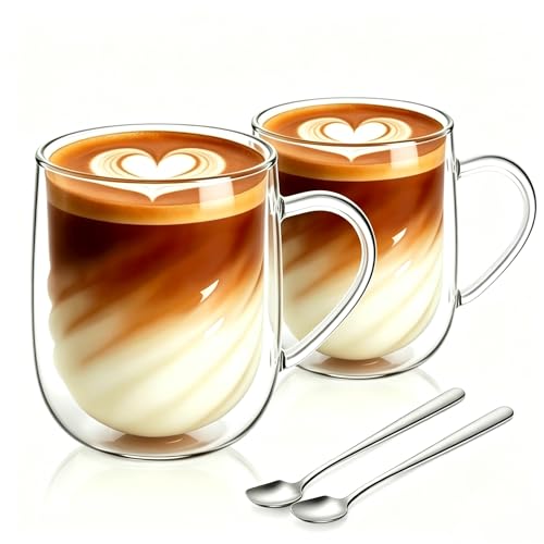 SILRIVES Latte Macchiato Gläser Doppelwandig,Doppelwandige Kaffeegläser mit Henkel und Löffeln aus Borosilikatglas