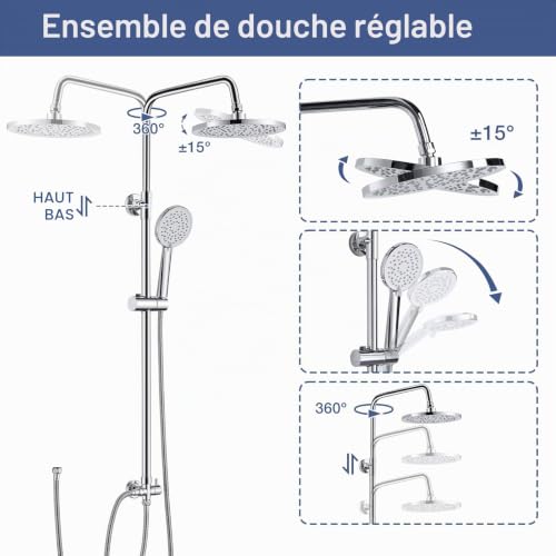 Colonne de Douche sans Mitigeur, Bevankly Ensemble de Douche en Acier Inoxydable pour Baignoire Système de Douche Réglable en Hauteur pour Salle de Bain Pommeau Douche 21x21cm, Chromé – vue 4