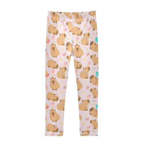Cute Pink Capybara Birthday Party Girls Leggings Kids Yoga Pants Athletic Tights Pants 4-10 Years