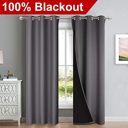 Image of NICETOWN Grey Full Shade Curtain Panels, Pair of Thermal Insulated & Energy Efficiency Blackout Curtains for Living Room Windows, Lined Silky Window Dressing (42-inch Wide x 84-inch Long, Gray)