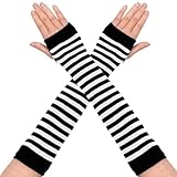 Tongcloud 1 Pair Womens Girls Punk Gothic Striped Knee High Socks Long Knitted Arm Warmers Fingerless Gloves for Halloween Costume (White and Black, 14inches)