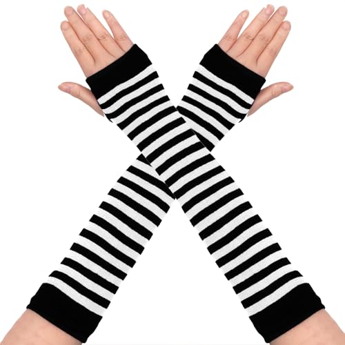 Tongcloud 1 Pair Womens Girls Punk Gothic Striped Knee High Socks Long Knitted Arm Warmers Fingerless Gloves for Halloween Costume (White and Black, 14inches)