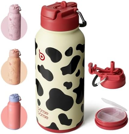 BOTTLE BOTTLE Edelstahl Trinkflasche 850ml Strohhalm&Pillenfach Sport Kuh | Isolierflasche auslaufsicher mit Direkttrinken, doppelwandig, BPA-frei, Thermoflasche für Fitness, Outdo