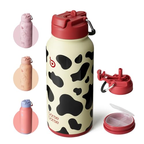 BOTTLE 907 ml izolowana butelka ze stali nierdzewnej sportowa butelka ze słomką konstrukcja podwójnego zastosowania pokrywka na siłownię z pudełkiem na tabletki (krowa)
