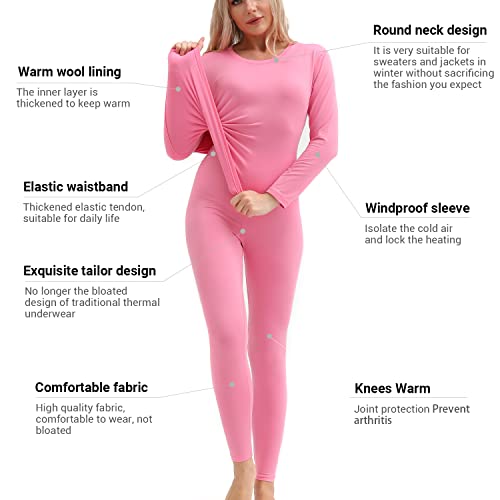 Thermal Underwear Women Ultra-Soft Long Johns Set Base Layer Skiing Winter Warm Top & Bottom (Large, Pink)