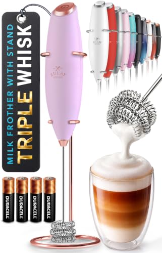 Image of Zulay Kitchen Powerful Milk Frother Wand With Duracell Batteries - Ultra Fast Handheld Drink Mixer - Electric Whisk Foam Maker for Coffee, Lattes, Cappuccino & Matcha - Triple Whisk - Regal Lavender