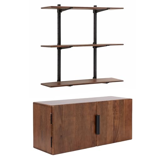 Kate and Laurel Atwood Modern Mango Wood Two-Door Wall Cabinet and Shelf Set, Walnut Brown, Decorative Storage Cabinet with Tiered Wall Shelves for Use as Cohesive Bar Storage Unit
