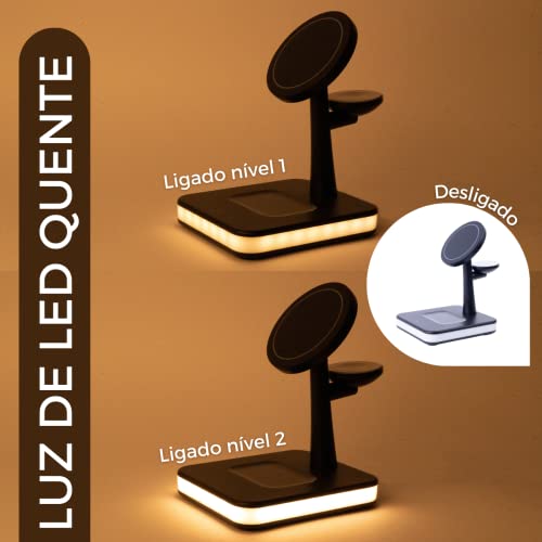 Estação de Carregamento Sem Fio 3 em 1 Compatível com Magsafe iPhone 12/13/14 + Fonte PD (Preto)