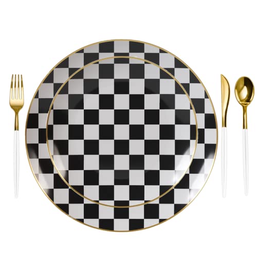 Trendables Checkered Disposable Plates Set With Fancy Plastic White And Gold Cutlery For 40 People | 200 Pcs | Plastic Wedding Plates Checkered With Gold Rim
