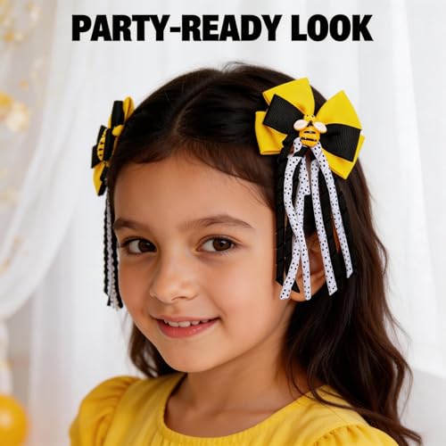 Pinzas para el pelo Yellow Bee Bow para niñas, 2 piezas, lazos rizados con puntos, clips para cabello para salidas de primavera y peinados diarios miniatura 6