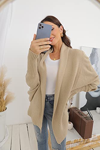 Grecerelle Women's Kimono Batwing Cable Open Front Knitted Slouchy Oversized Wrap Cardigan Sweater Khaki-X-Large #TOP5
