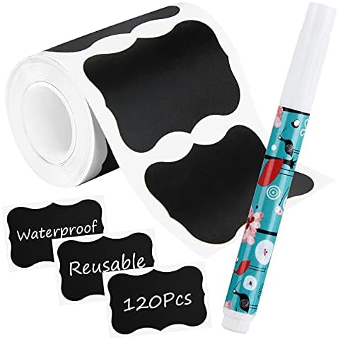 Chalkboard Labels, Waterproof Blackboard Reusable Sticker Label with 1 Erasable Chalk Liquid Markers, 120 Pcs Removable Stickers for Storage Bins, Mason Jars, Bottle, Pantry, Office (B-Wavy Shape)
