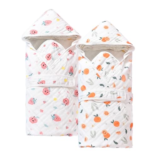 Image of Catteyonce 2 Pack Hooded Baby Bath Towels,Large 32"x 32",Cotton Baby Bath Towel with Hood for Infant Toddler and Kids, Soft and Absorbent,Unisex Baby Bath Essentials. (Strawberries/Oranges)