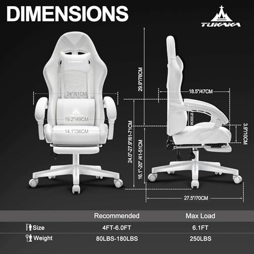 White Gaming Chair,Ergonomic Massage Computer Office Desk Chair with Footrest,Pocket Spring Cushion,Reclining Leather Adjustable Gamer Chair with Headrest and Lumbar Support,White - Image 4