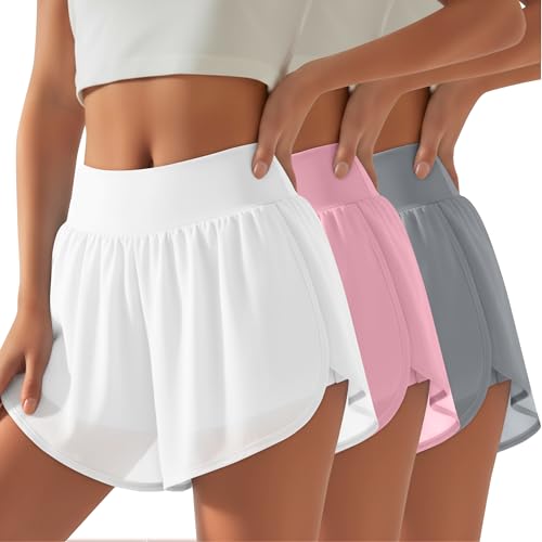 Locoowai 3 Pack Women's 2 in 1 Athletic Shorts Workout Lightweight Quick-Dry Yoga Double Layer Liner Gym Shorts with Pockets(Gray, Light Pink, White,Medium)