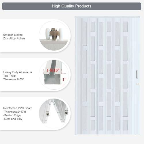 DIYHD 48X80in White Accordion Door with Frosted Acrylic Glass,PVC Folding Closet Door with Installation Hardware