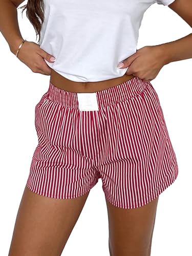 YILEEGOO Pantaloncini da donna con elastico in vita a righe/plaid pantaloni pigiama pantaloni loungewear estivi pantaloncini da spiaggia a gamba larga boxer boyshorts, Rosso, M