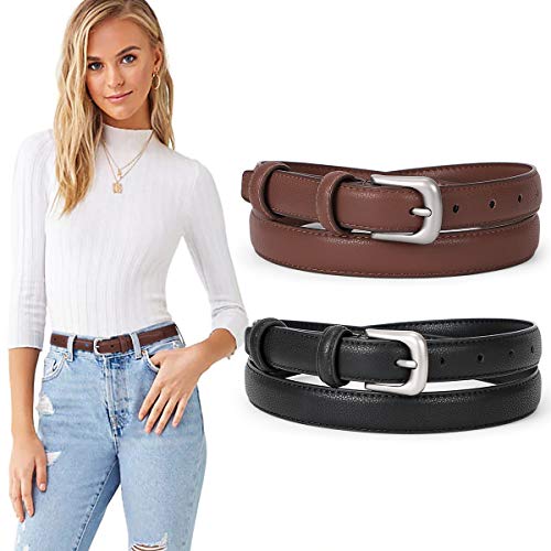 2 Pack Women Skinny Thin Leather Belt for Jeans Pants Ladies Solid Color with Pin Buckle Fashion Waist Belts for Dress Casual Formal,black and coffee