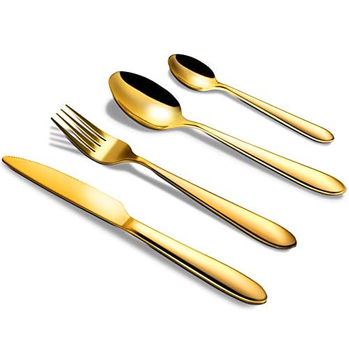 HOBIANO Gold Besteck Set, 24-teilig Edelstahl Besteckset für 6 Personen mit Messer/Gabel/Löffel/Teelöffel, Menübesteck Tafelbesteck für Home, Spülmaschinenfest Cover