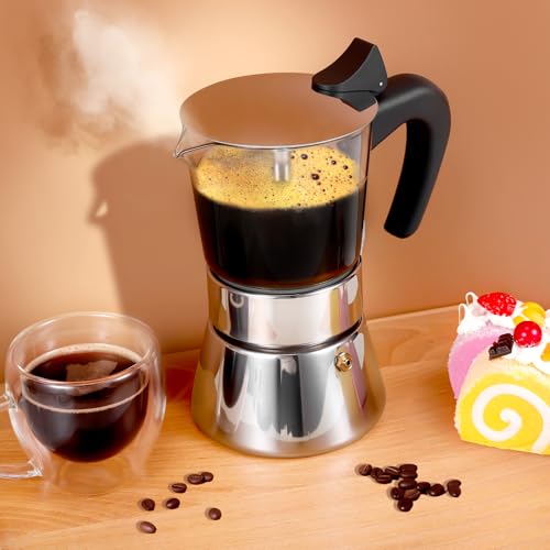 Image of 6 Cup 300ml Glass Moka Pot, Stovetop Espresso Maker, Silver | Crystal Glass-top & Stainless Steel Coffee Maker, Induction Compatible, for Greca de Cafe, Cuban and Italian Coffee Brewing