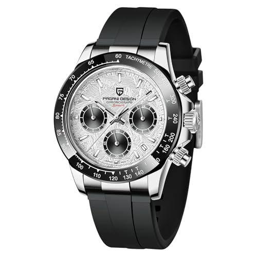 Image of Pagani Design Watches for Men Daytona Homage Quartz Chronograph Watch Japan VK63 Movement Ceramic Bezel Screw Down Crown Waterproof Sport Rubber Strap Mens Watches (Silver-Texture)